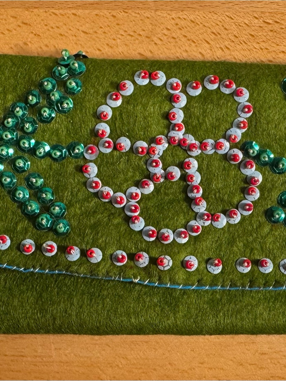 Green felt Embellished case with Red and Silver Rhinestone Flower Detail